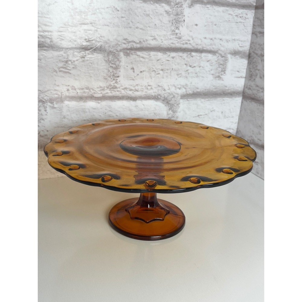 Vintage Amber Glass Scalloped Pedestal Cake Stand Thumbprint Rim Honey Brown